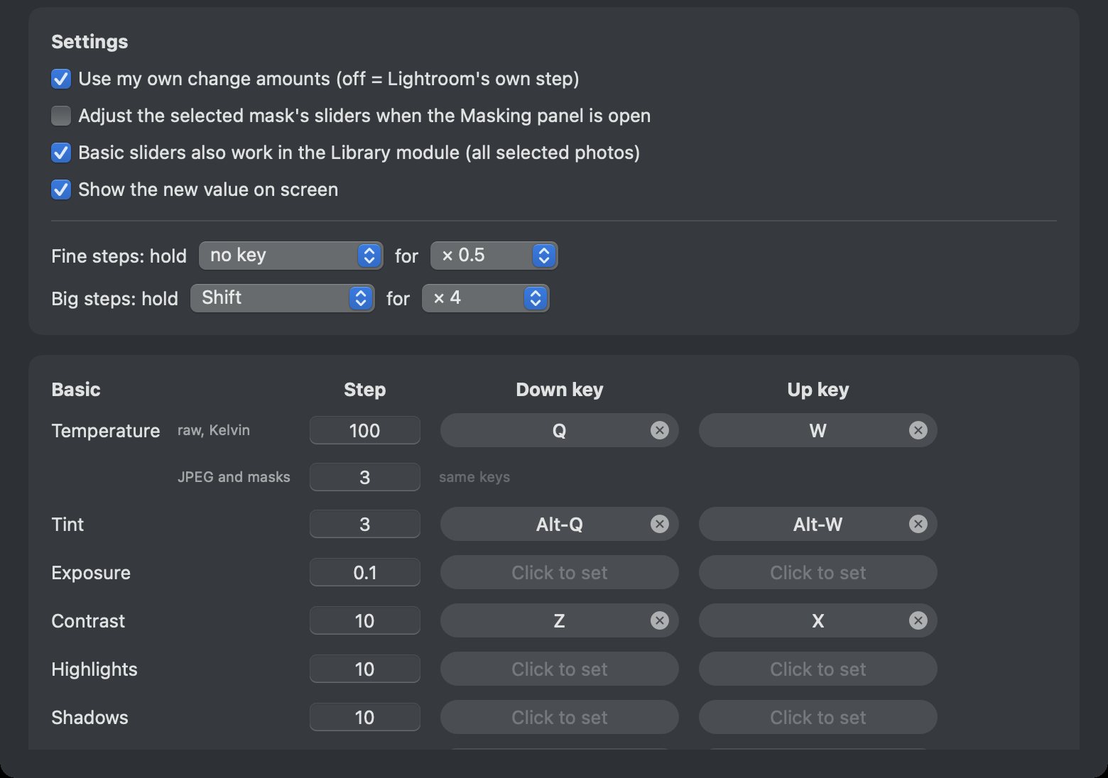 RadKeys settings: a step and two keys for every slider